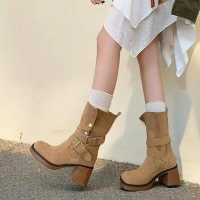 Fashion Belt Buckle Vintage Mid-calf Boots Women  Autumn Chunky Heels Western Cowboy Boots Woman PU Leather Knight Booties