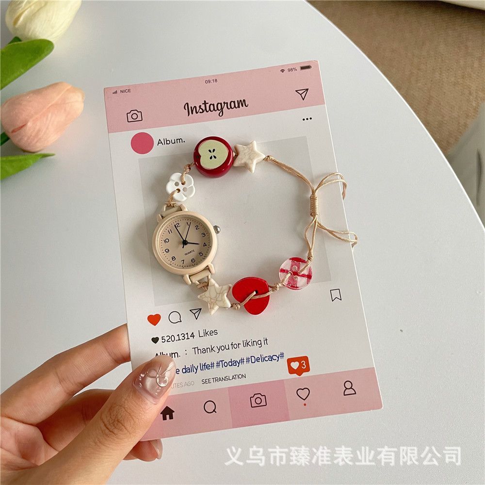 Retro Vintage Adjustable Beads Strap Watch Ethnic Versatile Star Heart Bracelet Stylish Alloy Timepiece Hand Chain Girls