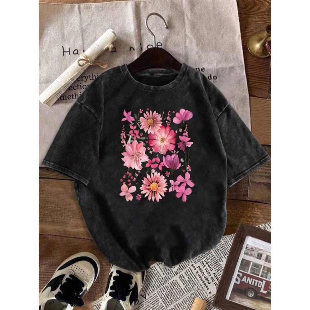 Colorful Floral Graphic T-shirt, Vintage Washed Women's Top, Loose Round Neck,Daily Casual & Travel Basic Short Sleeve Daily Wear Cool Top
