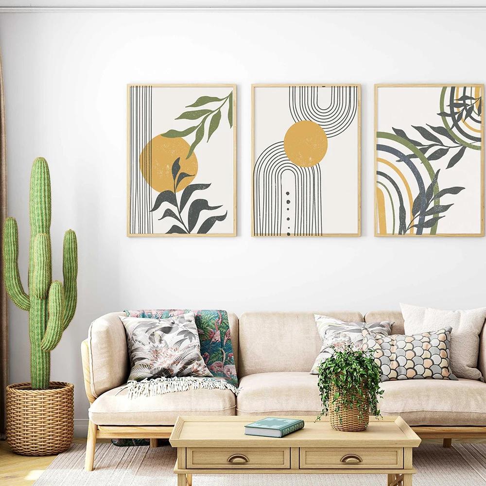 Boho Art Prints Abstract PosterLandscape Bundle Line Art Rainbow Plant Gallery Wall Pictures Sun Leaf Paintings on Canvas Decor