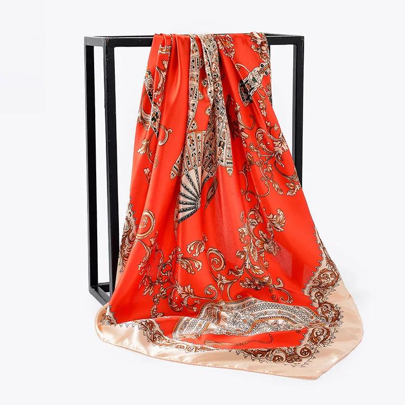 90cm Square Shawls Women Hijab Scarf For Hair Fashion Print Kerchief Neck Scarves Female Silk Satin Bag Scarfs For Ladies Banada