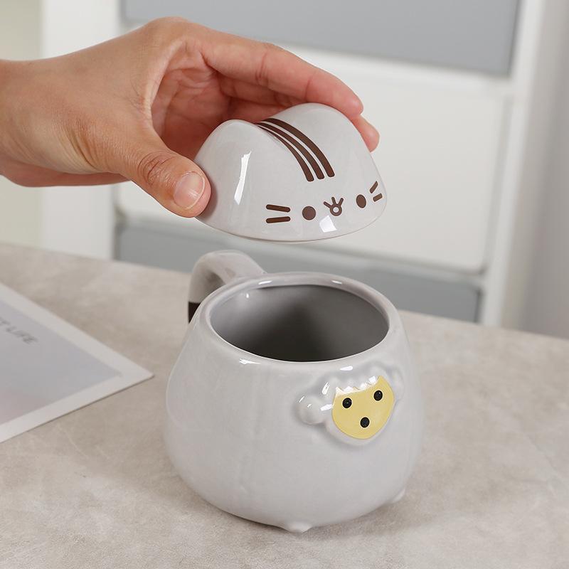 Strictly Selected Fat Cat Cup Gray Cup with Lid Fat Cat Ceramic Mug Cartoon Chinchilla Water Cup Cat Cup