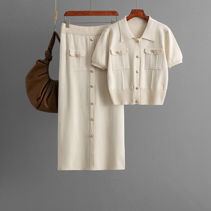 Ensemble Mode Petit Parfum Col Rabattu Cardigan Tricoté d'Été Haut Jupe Mi-longue Ensemble Deux Pièces