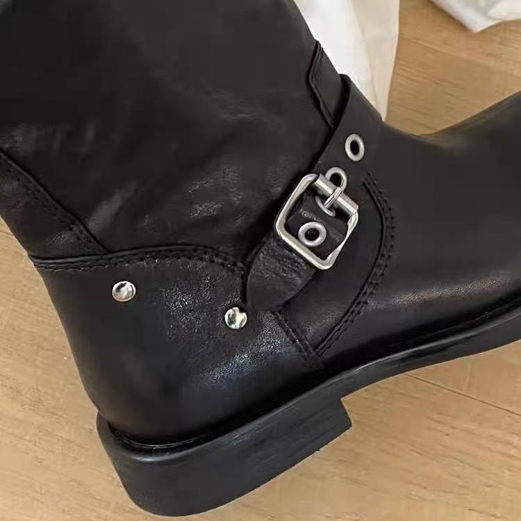 New Round Head Thick Heel Belt Buckle Boots Women's Versatile Temperament Tall Knight Boots