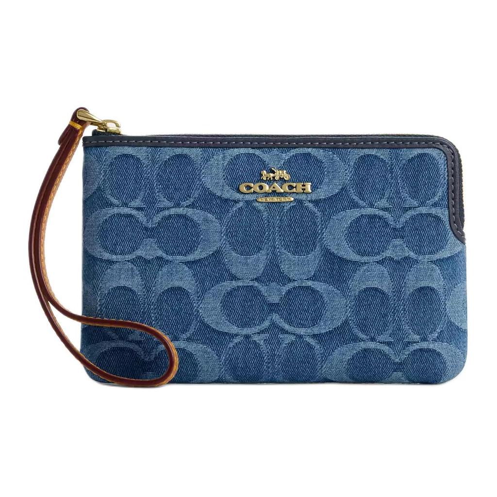 Coach Corner Zip 15 Classic Brand Embossed Smooth Leather And Denim Mini Clutch Women Clutch Indigo CDF26-IMTYV