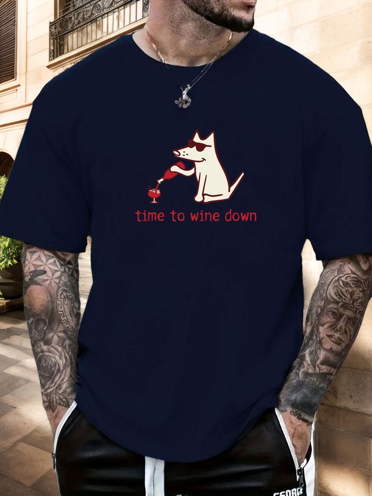 2025 New Hot Mens Summer Short Sleeve TShirt with Funny Dog Pouring Wine Time to Wine Down Print Casual Soft Cotton Tee