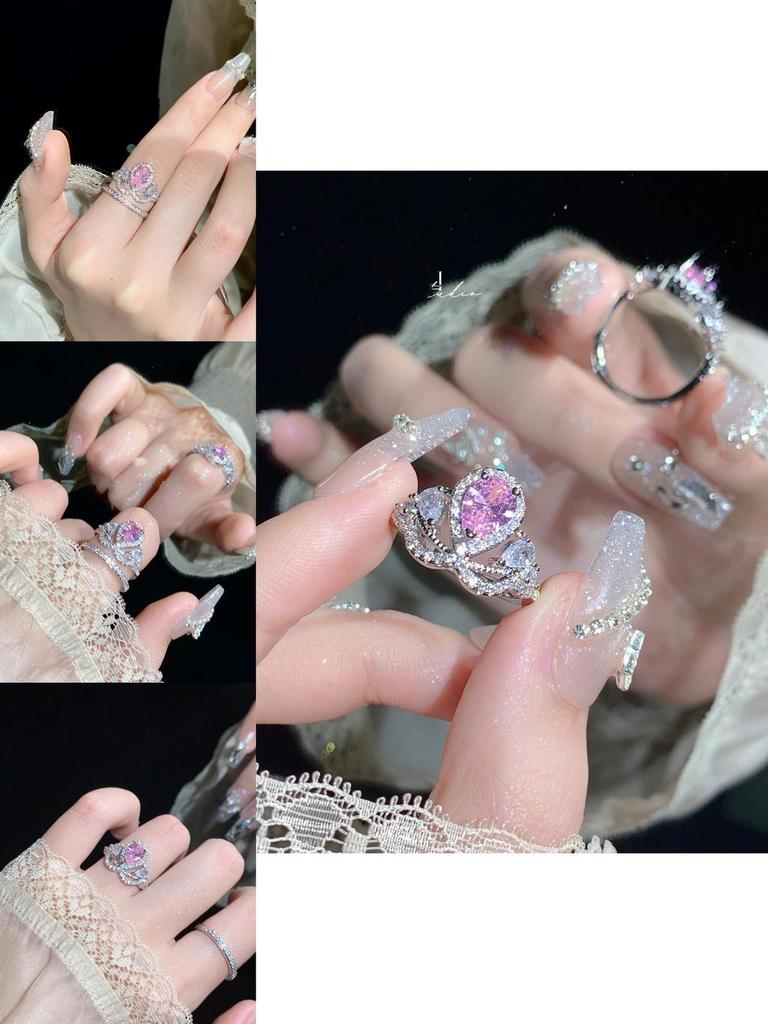 Elegant And Luxurious Crown Ring With Micro-inlaid Pink Diamond Cz Stone Fashionable Statement Piece For Stylish Ladies