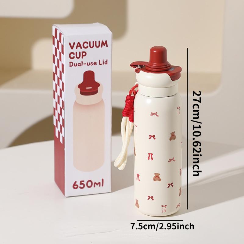 Cute Cartoon Fashion Straw Cup Large Capacity Student Dual Water Bottle, Stainless Steel Insulated Flask, Bow Bear Pattern