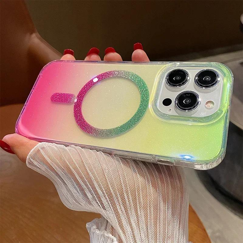 

Aurora Glitter for Magsafe Case for iPhone 15 14 13 16 Pro Max Plus 12 11 Gradient Transparent Acrylic Cover Laser Colorful Case for iPhone 11