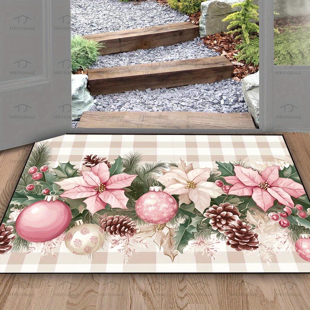 

VIKAMA Christmas Style Entry Door Entryway Carpet Pink Floral Christmas Plaid Non Slip Water Absorbent Foot Mat Holiday Decor 40x 60cm