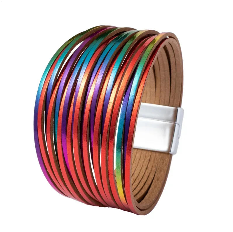 Leather Double Ring Magnetic Buckle Zircon Bracelets Handmade Weaving Men Women Fashion Versatile Bracelet