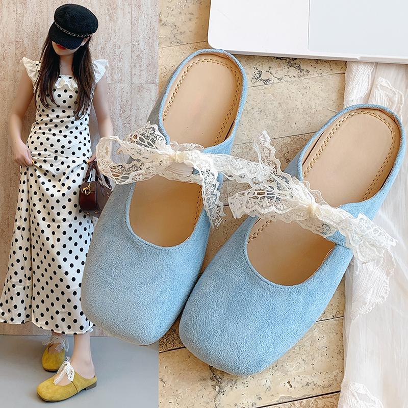 Flats Lace Women Slippers Casual Mules Shoes Square Toe Sandals 2025 Summer Dress Slingback Shoes Flip Flop Pantuflas Mujer