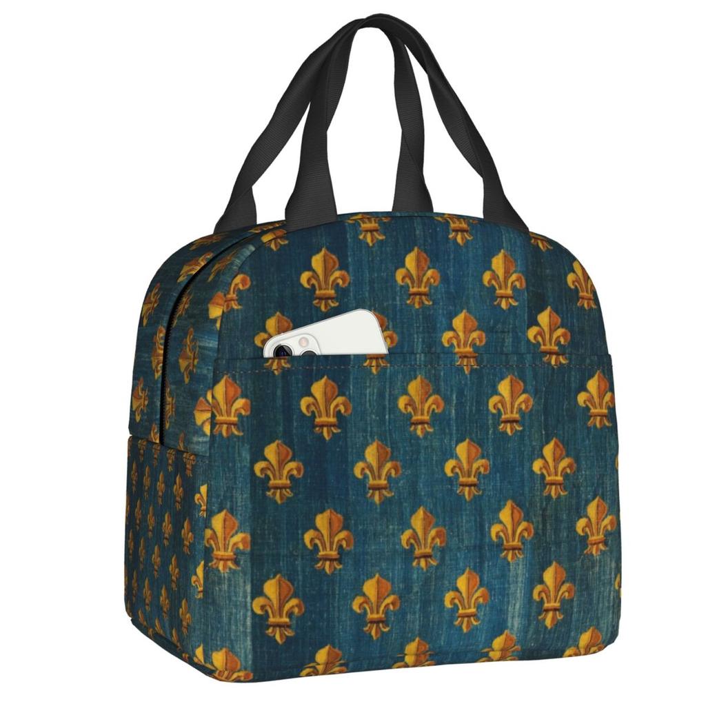 Custom Fleur-De-Lys Gold And Royal Blue Lunch Bag Men Women Cooler Thermal Insulated Lunch Box for Children School