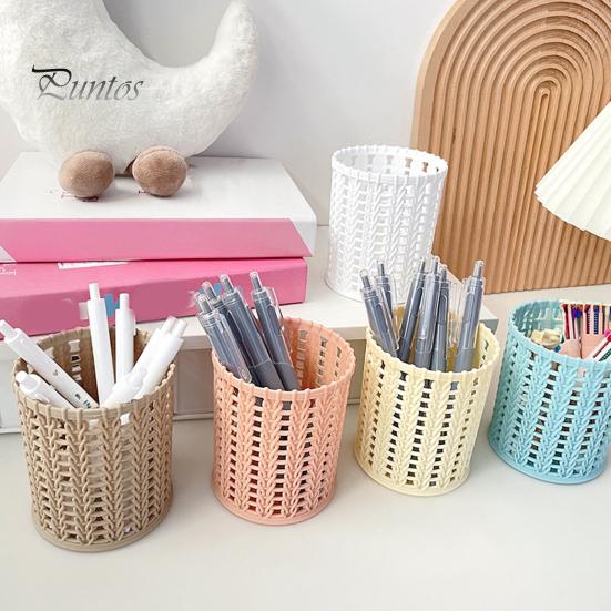 Pen Holder Imitation Rattan Holder, Round Hollow Desk Organizer, Large Capacity Pencil Accessory Cup for Pens Pencils Makeup Brushes, Nordic