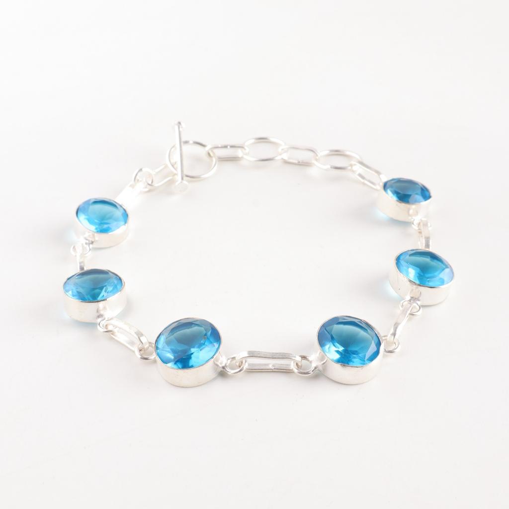 Swiss Blue Topaz Gemstone 925 Solid Silver Jewelry Handmade Bridesmaid Bracelet RB-14-10