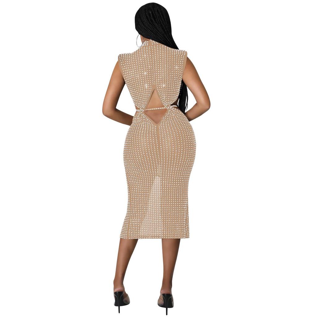 Damen Sexy Netz Durchsichtig Heißer Strass Hohl Schlitz Kleid C5796