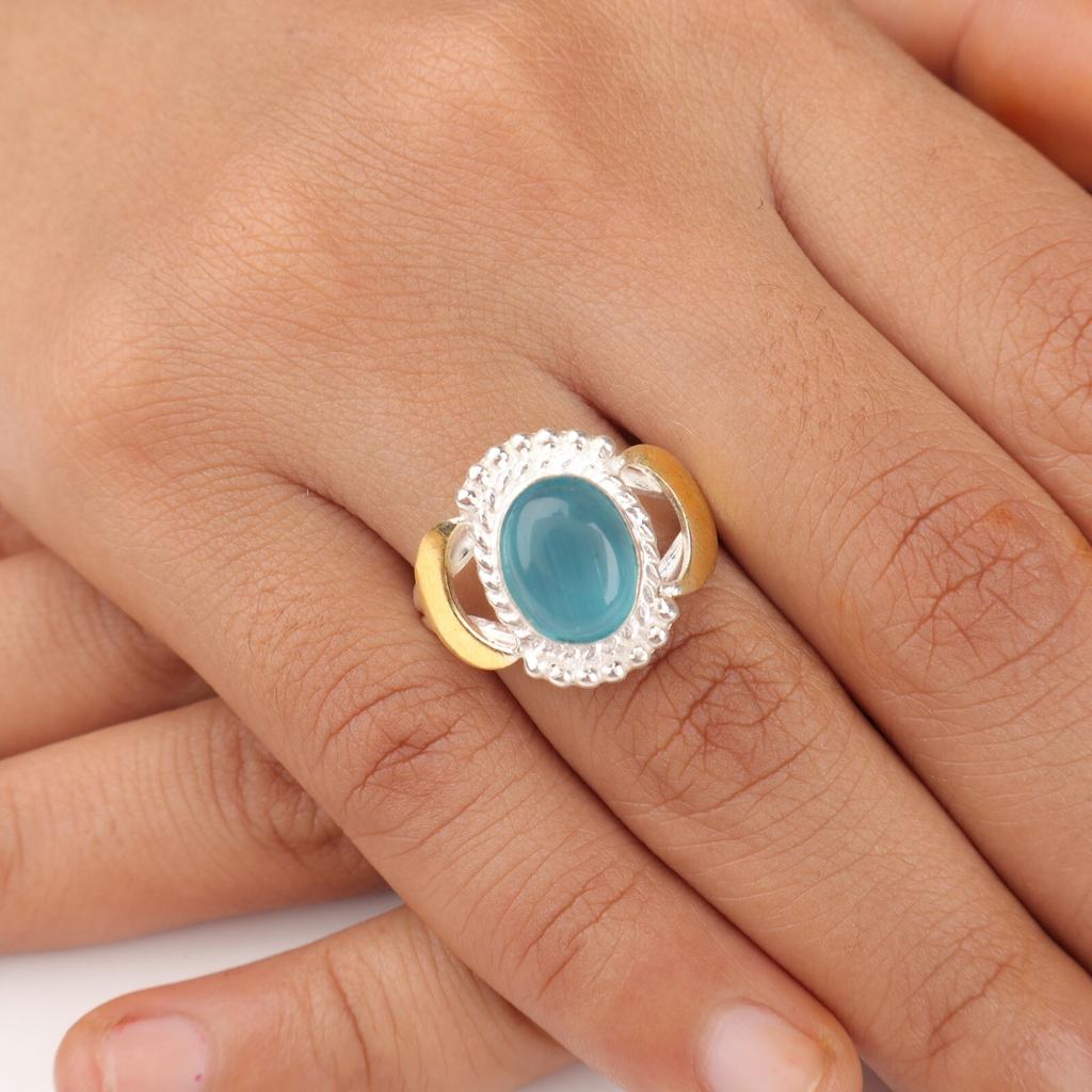 Blue Cat's Eye Gemstone 925 Stamped Silver Jewelry Handmade Ring Gift For Sister RR-61-37