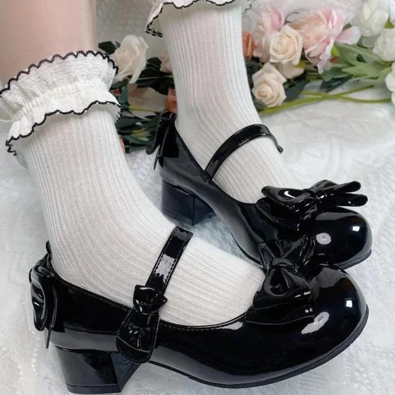 Leather Shoes for Women 2025 New Cute Round Head Single Shoe Fashion Bow Sweet Middle Heel Shallow Mouth Single Shoe