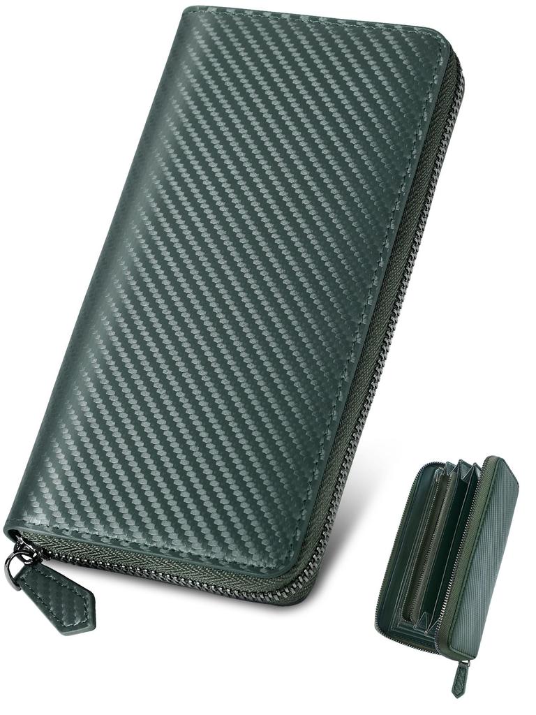 GSG Long Carbon Coin Card Popular Genuine Large Round Gift Men's Wallet, Leather, Purse, Case, Leather, Capacity, Zipper, (22043/Green (Carbon