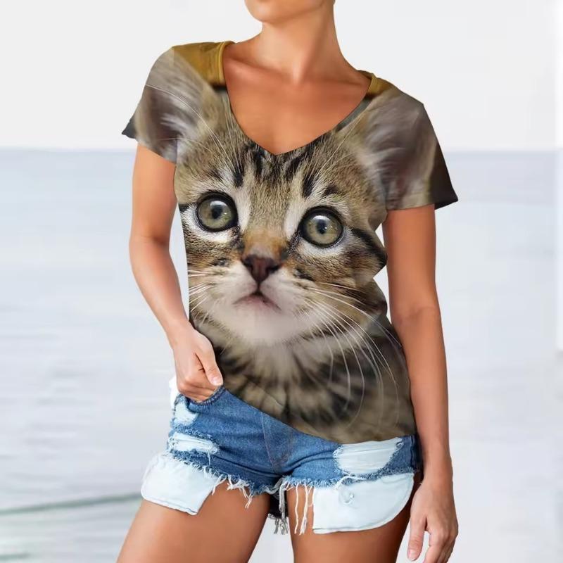 Women V-neck Short Sleeve Casual Fashion Kawaii Graphics T-shirt Oversized Female Girls Clothes 3D Funny Cats Print T Shirts