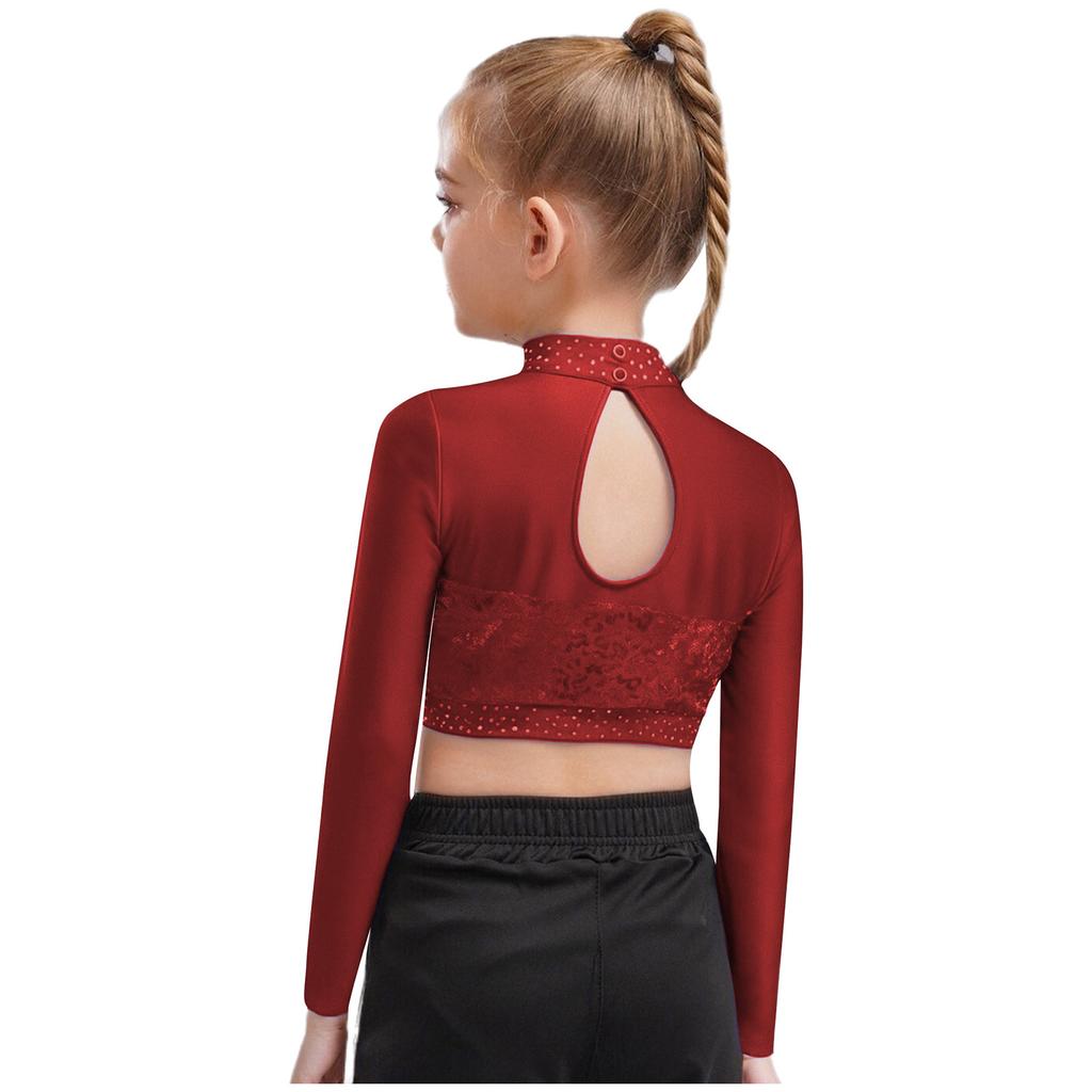 Dziewczęcy Crop Top do Tańca Jazzowego z Wysokim Dekoltem i Długim Rękawem, Przezroczysta Siateczka, Patchwork, Błyszczące Płatki, Kostium na Występ
