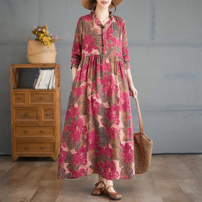 Printed Loose Belly Shading Mulle Lace Long Sleeve Hem Long Dresses