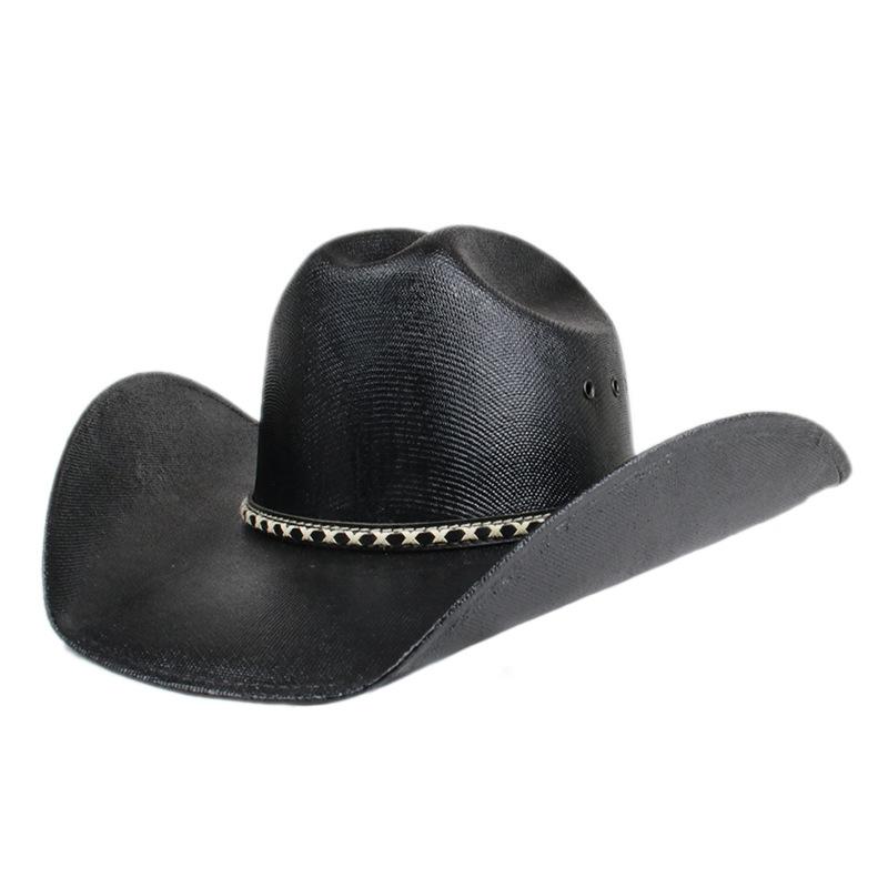Vintage Striped Belt, European and American Style, Straw, Hard-shaped, Large Brim, Western Cowboy Hat, Waterproof, Sun-proof, Sunshade