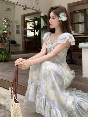 French Small Flying Sleeves Floral Chiffon Dress Women's Summer Gentle Wind Temperament Waist A-word Skirt Long Dress
