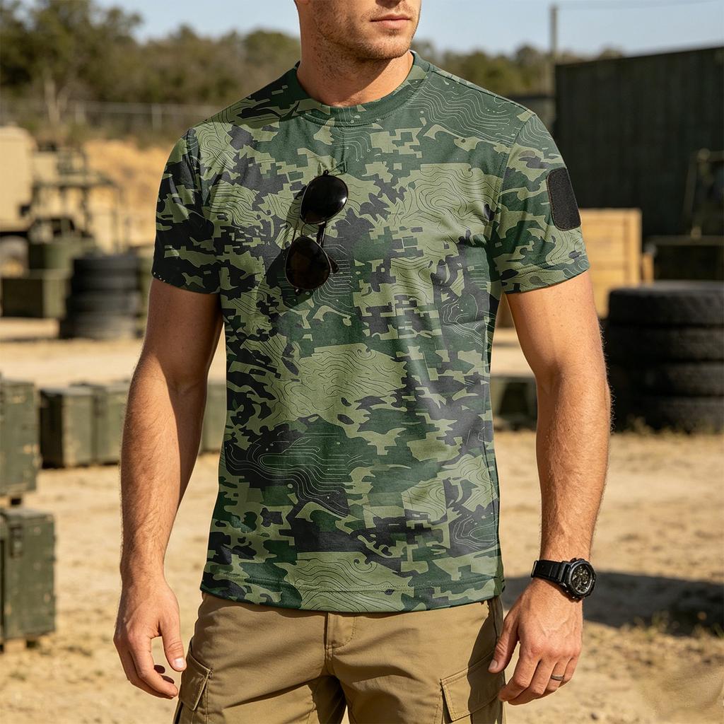 Men's Tactical Outdoor Quick-Dry T-Shirt with Velcro Patch Area Loose Fit Breathable Round Neck Camouflage Print