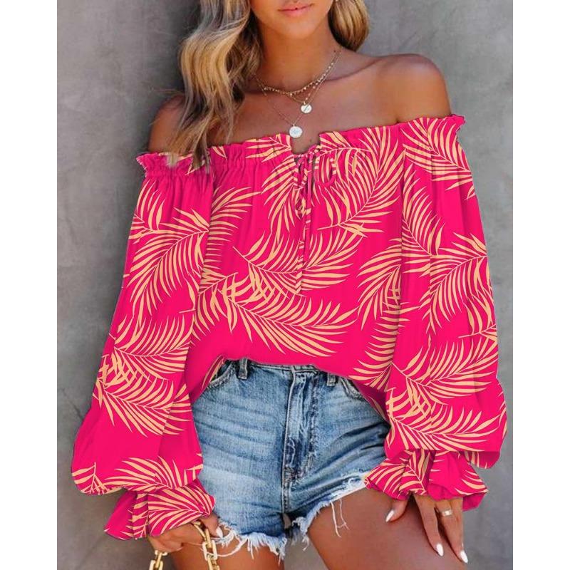 Women S One Shoulder Long Sleeve Printed Casual Shirt