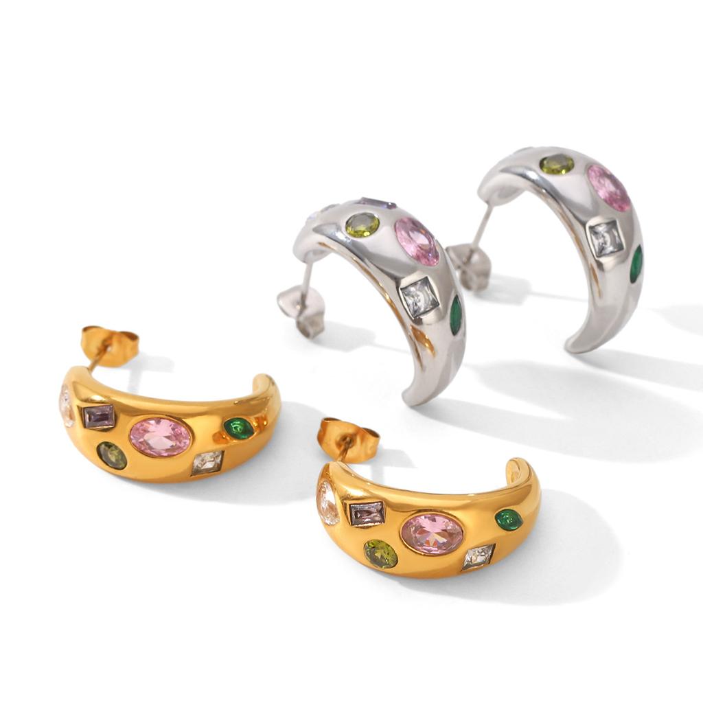 Inlaid Colorful Zircon Vintage Hoop Earrings Fashionable Versatile C-shaped Ear Jewelry Stainless Steel Accessories
