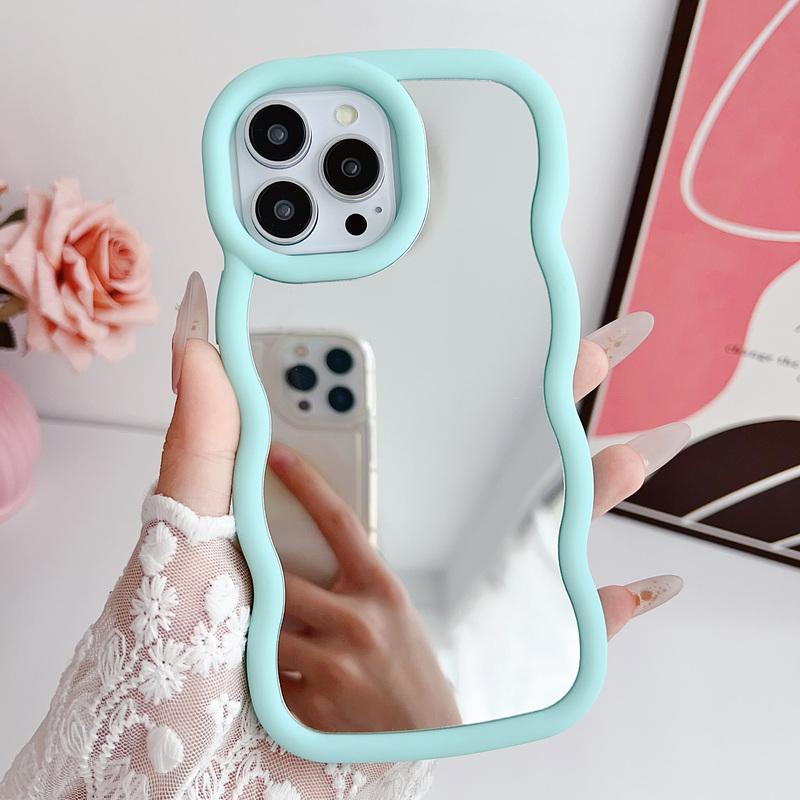 Luxury Mirror Phone Case For iPhone 15 Plus 14 13 Pro Max 12 Pro 11 Curly Wave Frame Shockproof Lens Protection Soft Cover