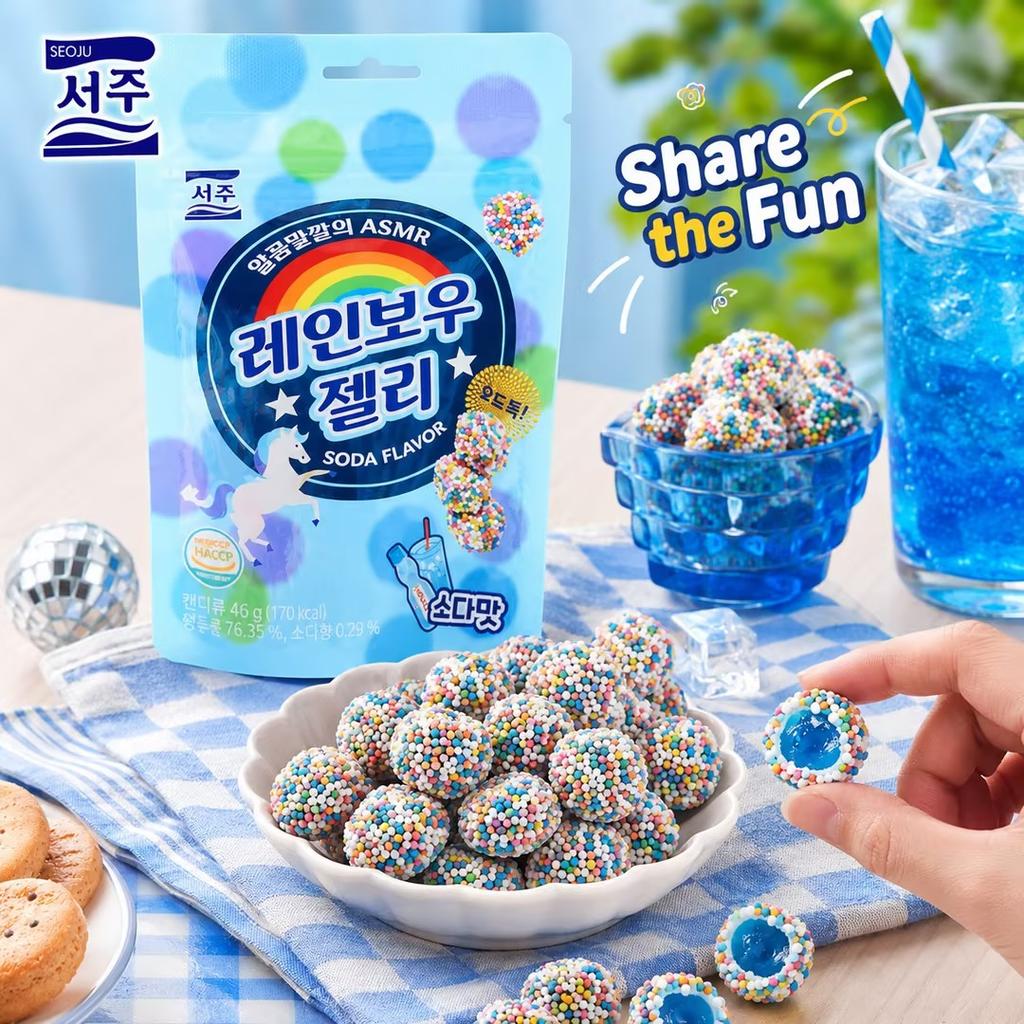 SEOJU Regenbogen-Limonaden-Geschmacks-Gummibärchen 46g | Knusprige Regenbogen-Streusel-Ummantelung, Erfrischender Limonaden-Geschmack, Doppelte Knusprigkeit und Kaubarkeit
