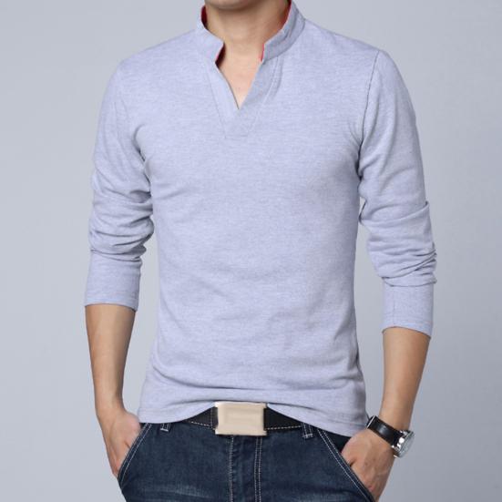 Solid Color Men Plus Size Stand Collar V Neck Long Sleeve T-Shirt Slim Fit Top