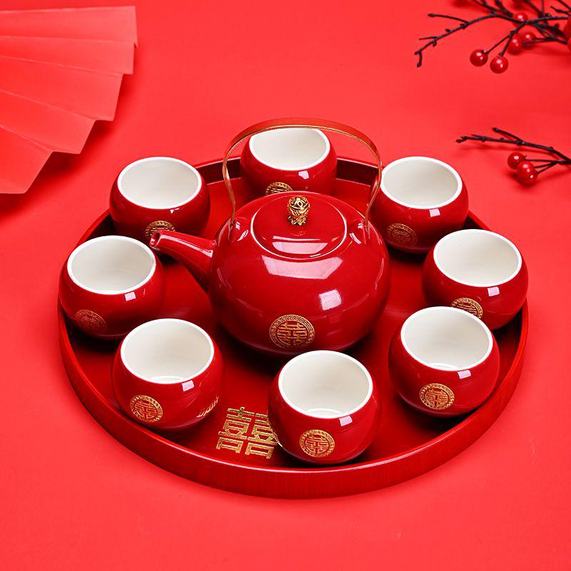 Red Chinese Wedding Tea Set: Complete Gift with Bride's Dowry Tray & Teapot