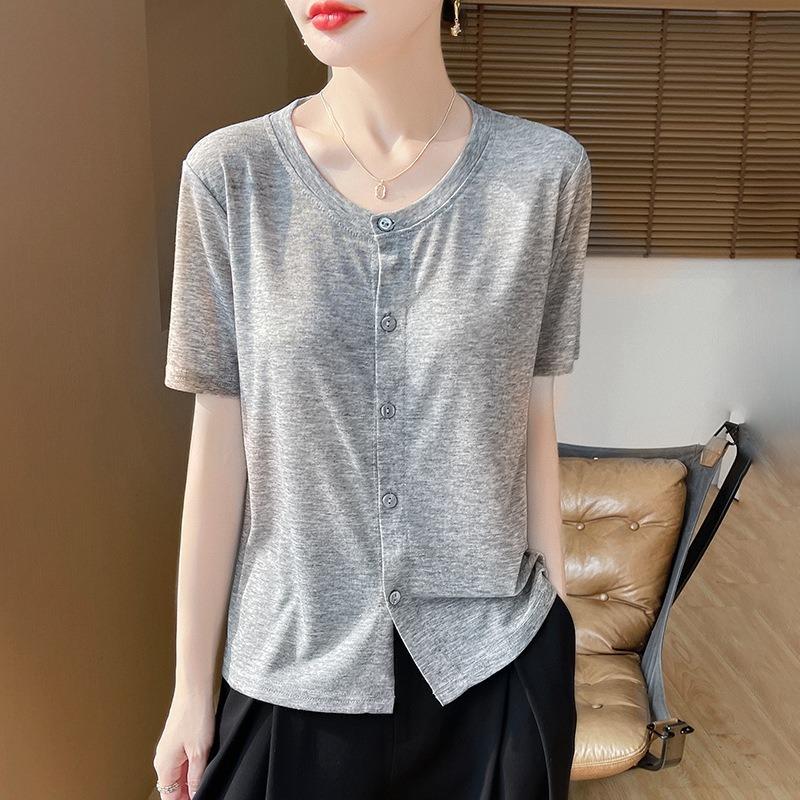 Women's Spring and Summer Models Worsted Single-breasted Medium-sleeved Bottoming Shirt Personality Cardigan Round Neck Casual Tops