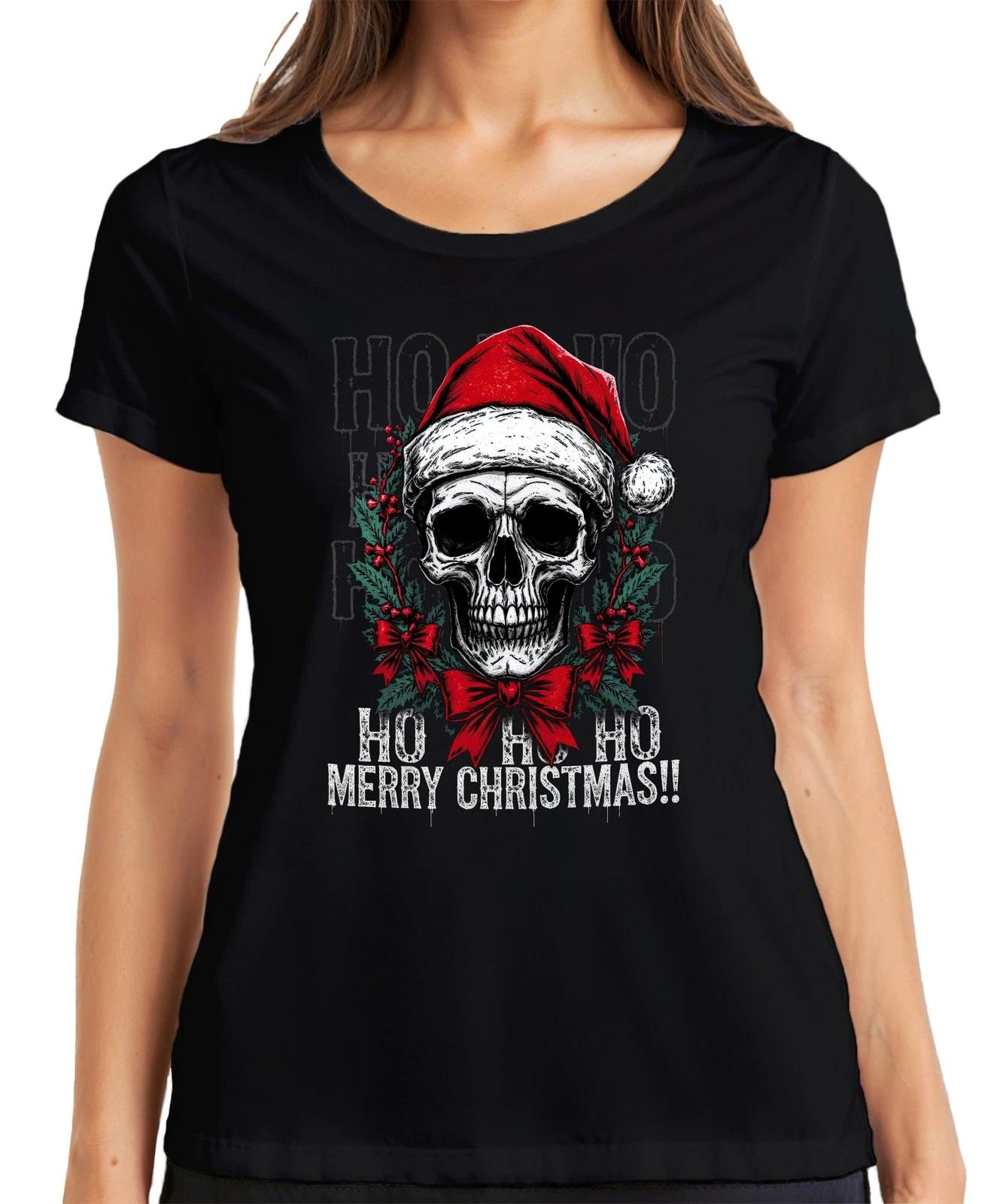 HO HO HO MERRY CHRISTMAS Totenkopf Weihnachtskranz Gothic böse Damen T-Shirt L