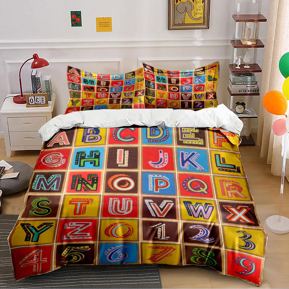Colorful Alphabet and Numbers Pattern Bedding Duvet Cover Set (1*Duvet Cover 2*Pillowcases, Without Duvet Insert)