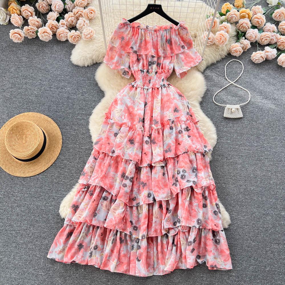 

Летнее французское платье с фрагментарным цветком и одной линией шеи, милое платье высокого качества с плиссированной талией и запахом One Size