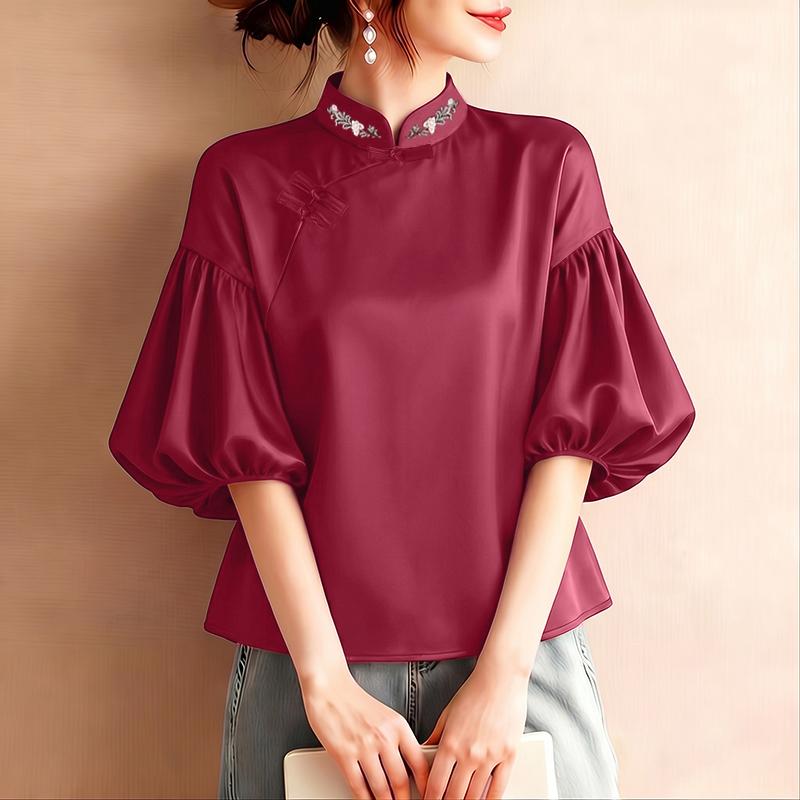 ZANZEA Women Stand Collar Casual Half Sleeve Blouse M вино красного