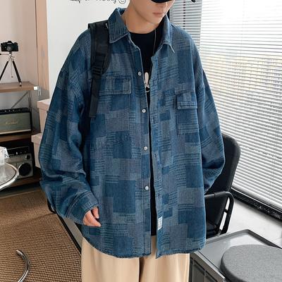 Hongkong-Stil Denim Latzhose Harajuku-Stil Hemd Herren Dünn Japanische Modemarke Lockeres Langarmhemd Freizeit