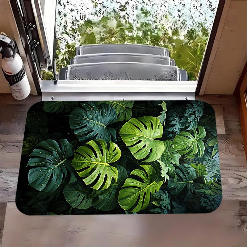 2D Green Leaf Welcome Mat Tropical Monstera Leaf Doormat Suitable Kitchen Living Room Indoor Outdoor Entrance Home Decoration