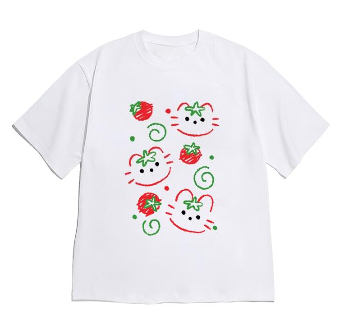 2026 New Fashion T-shirt Aesthetic Cute Cat Tomato Print Short Sleeve for Women Minimalist Kitten Crew Neck Tee Versatile