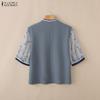 ZANZEA Women Casual Stand Collar Splice 3/4 Sleeve Loose Blouse
