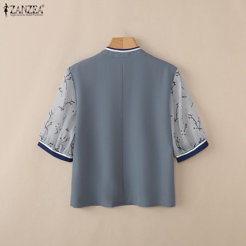 ZANZEA Women Casual Stand Collar Splice 3/4 Sleeve Loose Blouse