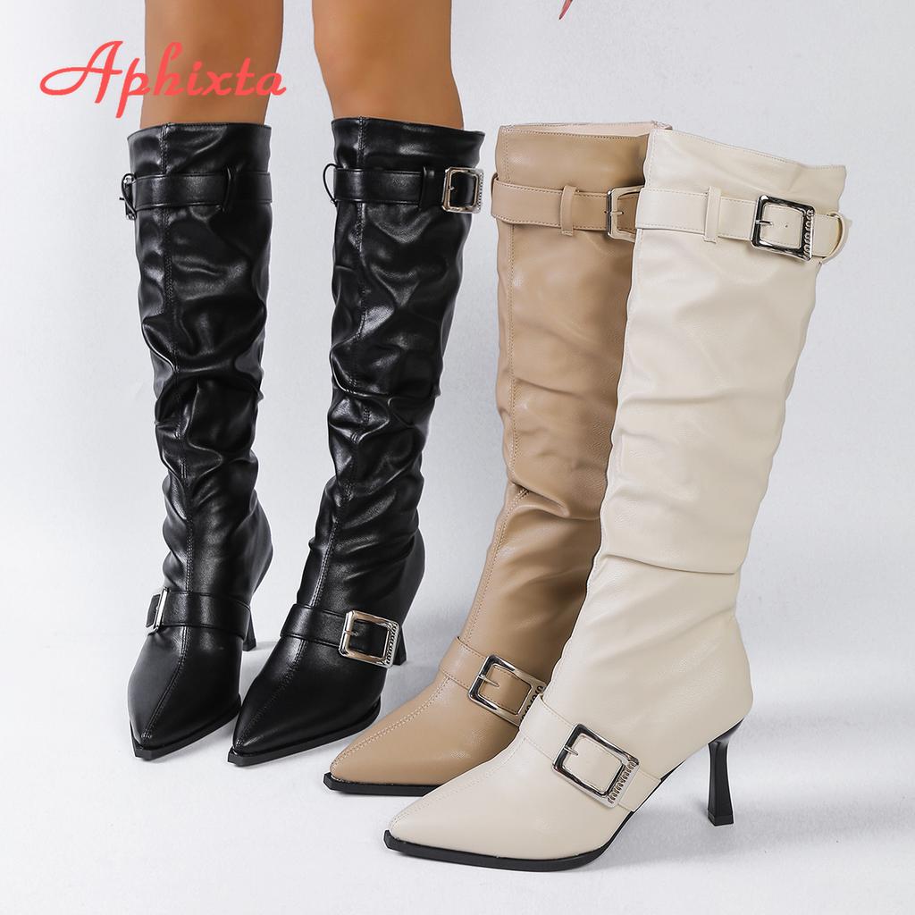Fashion Aphixta Knee-High Sexy Woman Boots Metal Buckle Pleated Mid-Calf Soft Leather 8cm High Heels Women's Boots Long Boots 2025 Woman