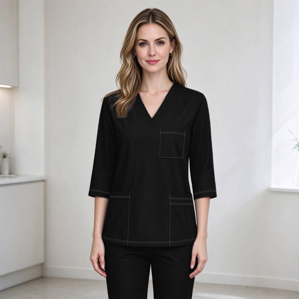 Top da lavoro da donna con scollo a V, tasche, spacchi laterali, manica corta, uniforme