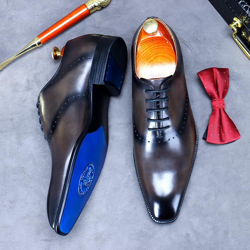 Fashion Business Formal Wear Pointed Toe Shoes Men's Leather Oxfords Male Cowhide Lining British Carved Mens Handmade Bullock Shoes