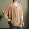 Plus Size Cotton Linen V-Neck Short-Sleeve Women's T-Shirt - Loose, Casual, Slimming Summer Fashion Top