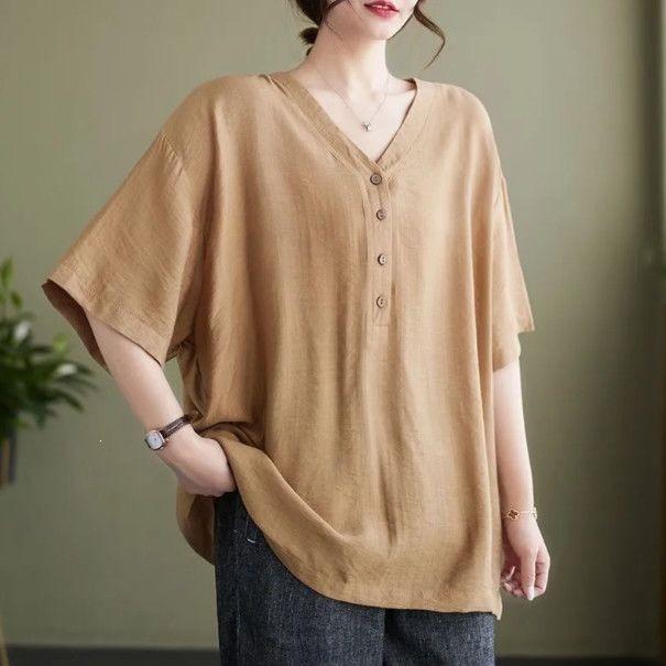 Plus Size Cotton Linen V-Neck Short-Sleeve Women's T-Shirt - Loose, Casual, Slimming Summer Fashion Top